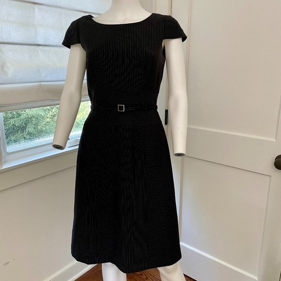 Tahari Belted Pinstripe Black Dress Size 4 - Picture 1 of 5